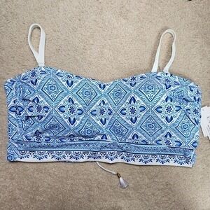 La Blanca Bandeau Midkini Tile Print Swim Top Padded Bra Tie Back Blue White 22W